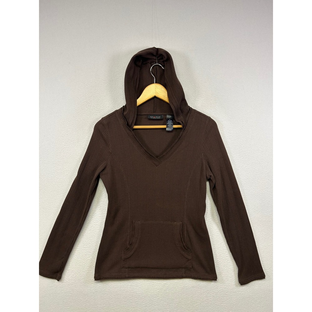Gorpcore Earthy Axcess Womens Medium Brown Waffle Knit Thermal Pullover Hoodie